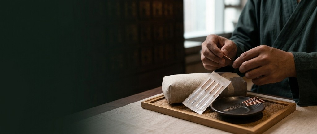 Fine acupuncture needles prepared for treatment