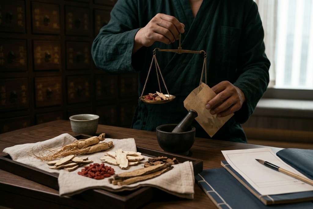 Practitioner weighing herbs for a personalised prescription